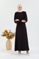 Balloon Sleeves Plain Abaya with Belted Waist Durgundy | 2077-8