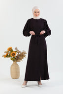Balloon Sleeves Plain Abaya with Belted Waist Durgundy | 2077-8