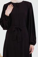 Balloon Sleeves Plain Abaya with Belted Waist Durgundy | 2077-8