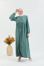 Wide pleated abaya and elastic sleeves, Mint color | 2061-15