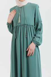 Wide pleated abaya and elastic sleeves, Mint color | 2061-15