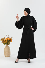  Abaya Noir à manches ballon et ceinture à la taille  | 2077-1 