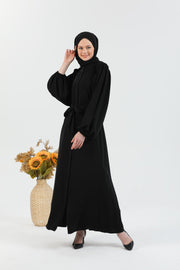 Abaya Noir à manches ballon et ceinture à la taille  | 2077-1 