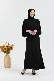  Abaya Noir à manches ballon et ceinture à la taille  | 2077-1 