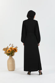  Abaya Noir à manches ballon et ceinture à la taille  | 2077-1 
