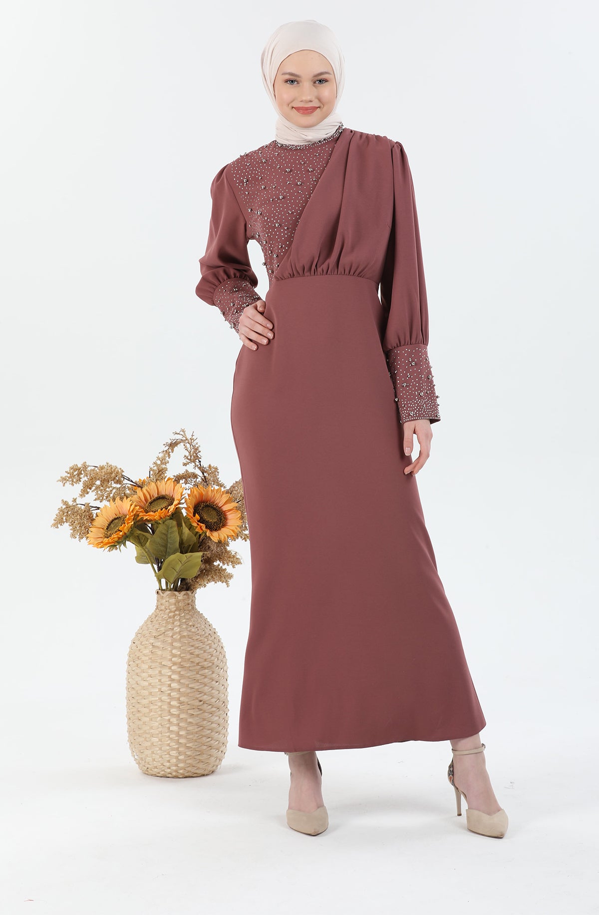 Robe Hijab détaillée Perle Rose | 3024-3