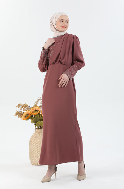 Robe Hijab détaillée Perle Rose | 3024-3