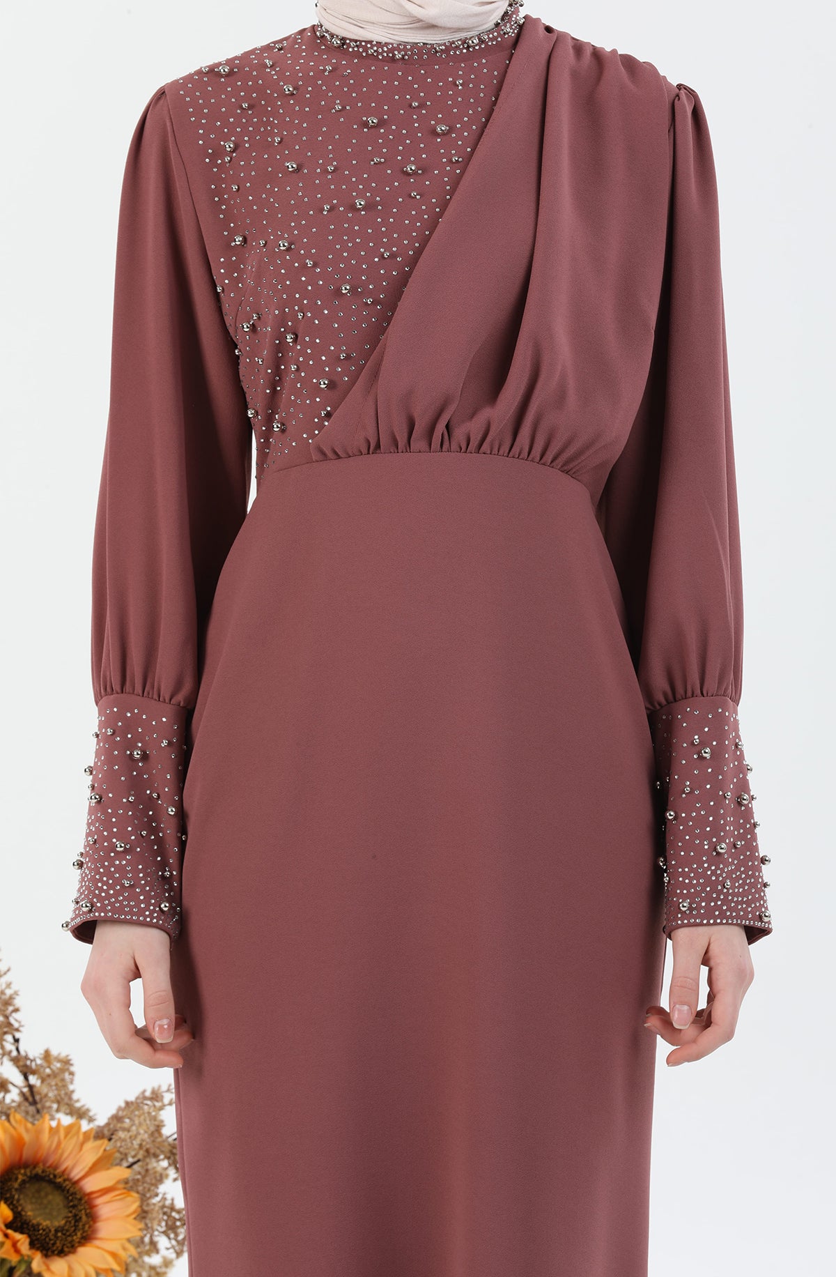 Robe Hijab détaillée Perle Rose | 3024-3
