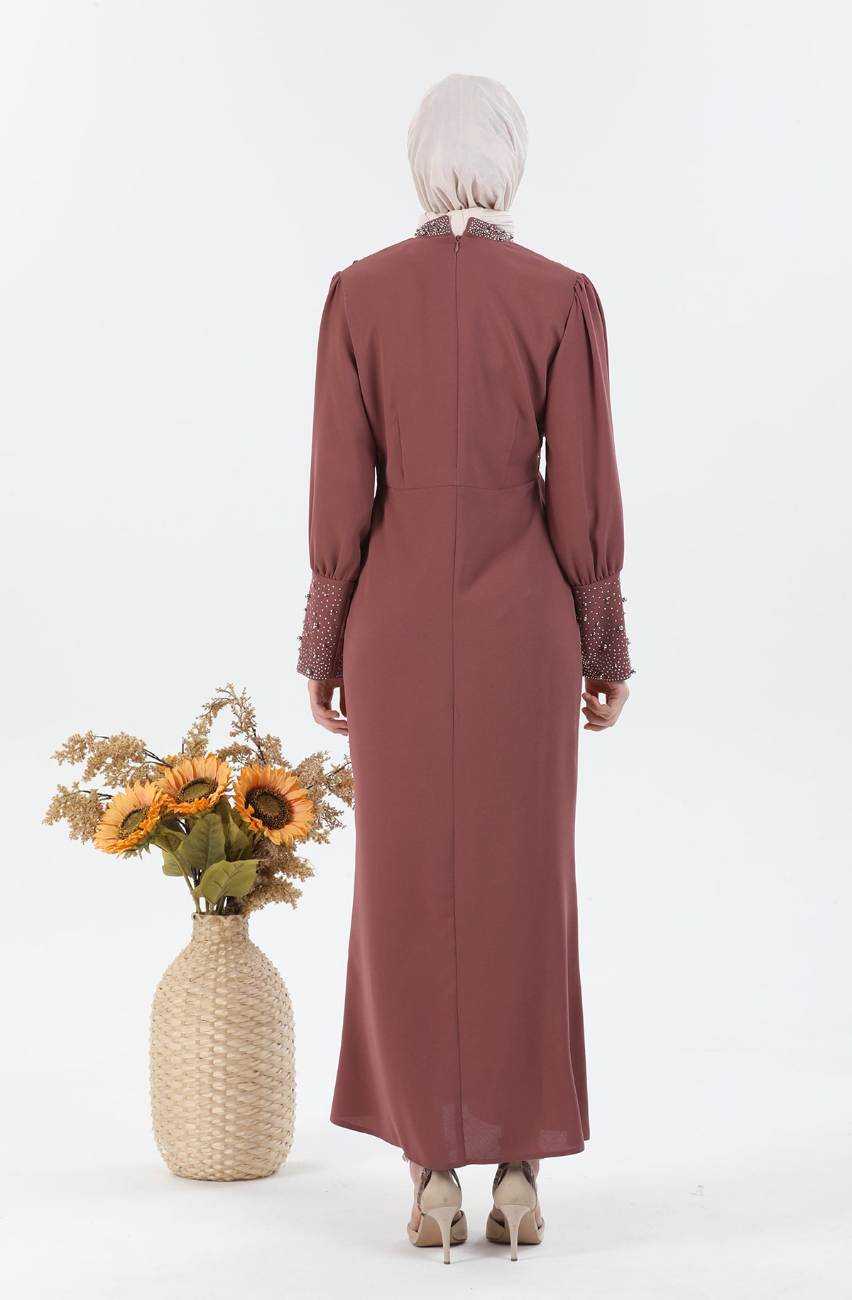 Robe Hijab détaillée Perle Rose | 3024-3