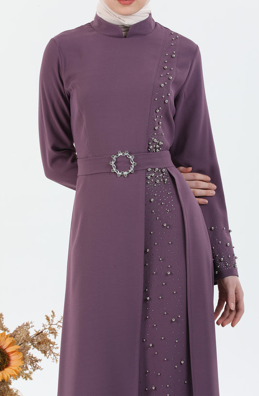 Beli Kuşaklı Tesettür Elbise Mor | 302512