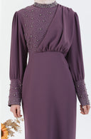 İnci Detaylı Tesettür Elbise Mor | 302412
