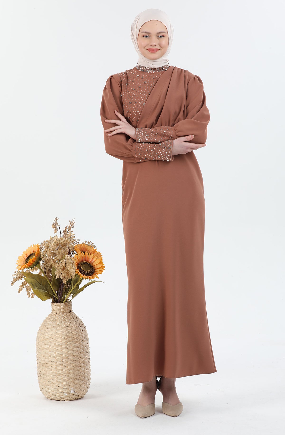 Robe de hijab détaillée perle Caramel | 3024-29