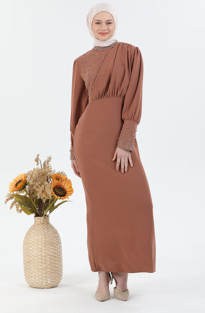 Robe de hijab détaillée perle Caramel | 3024-29