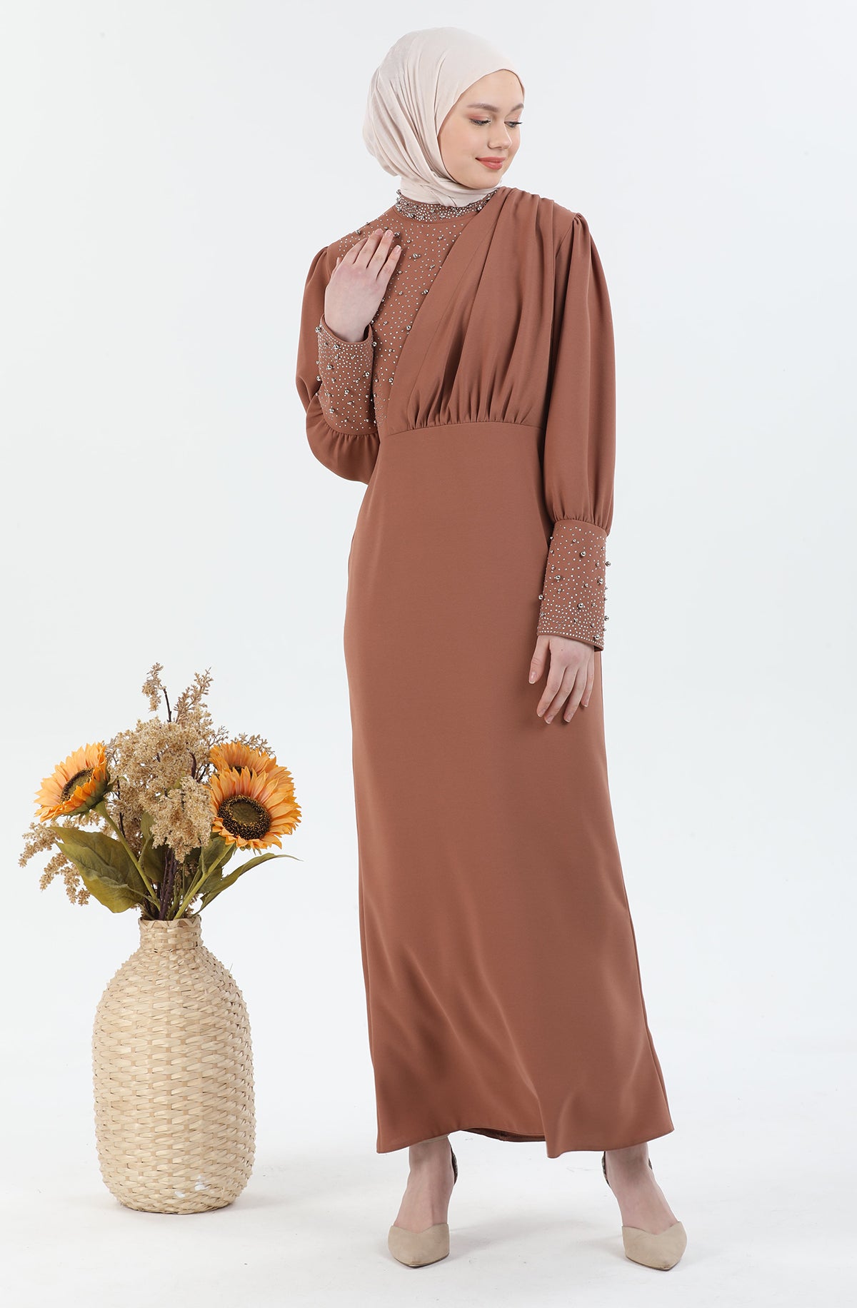 Robe de hijab détaillée perle Caramel | 3024-29