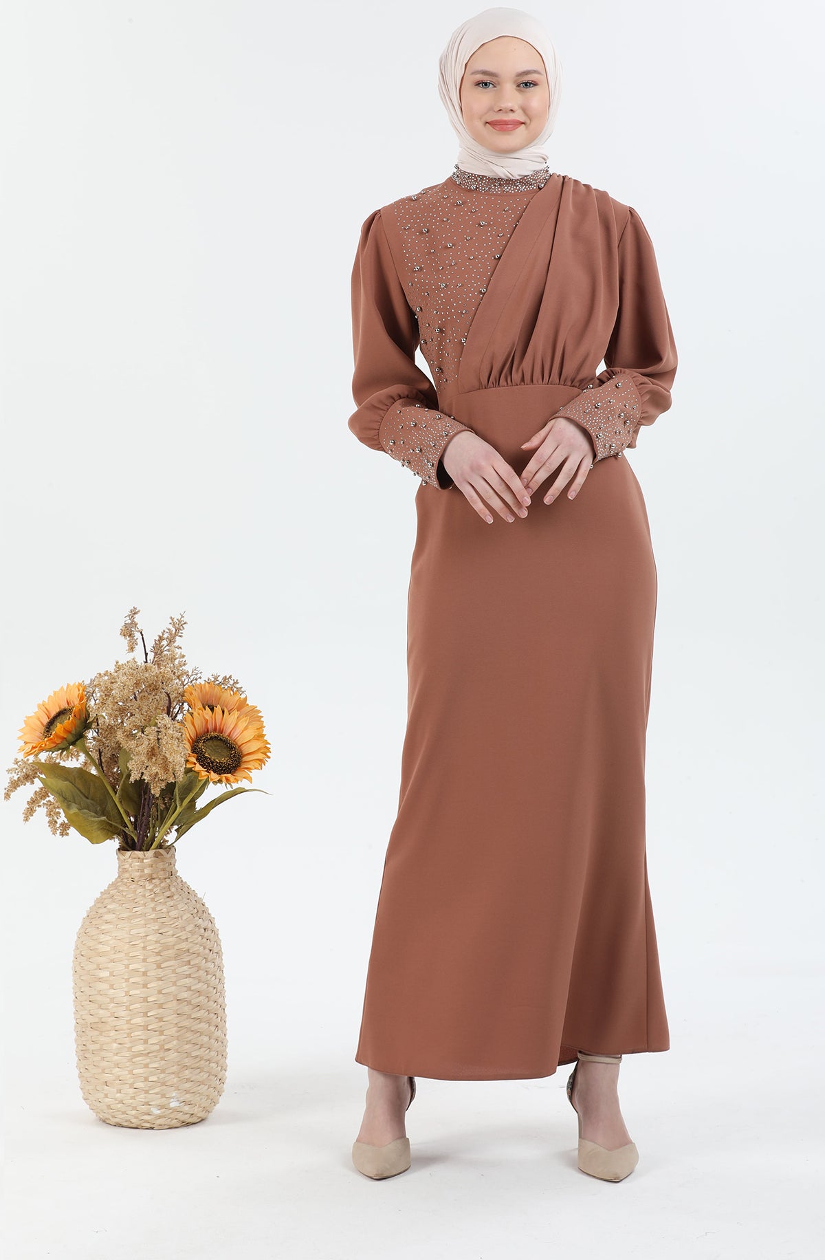 Robe de hijab détaillée perle Caramel | 3024-29