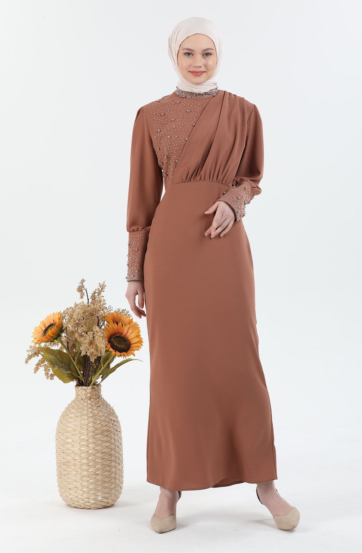 Robe de hijab détaillée perle Caramel | 3024-29