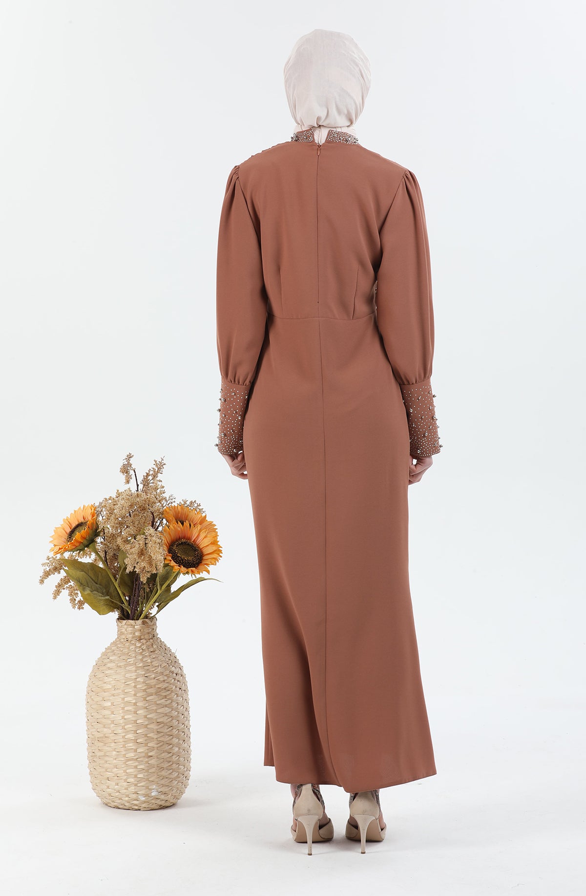 Robe de hijab détaillée perle Caramel | 3024-29
