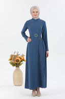 Beli Kuşaklı Tesettür Elbise İndigo | 30256