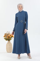 Beli Kuşaklı Tesettür Elbise İndigo | 30256