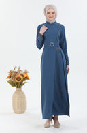 Beli Kuşaklı Tesettür Elbise İndigo | 30256