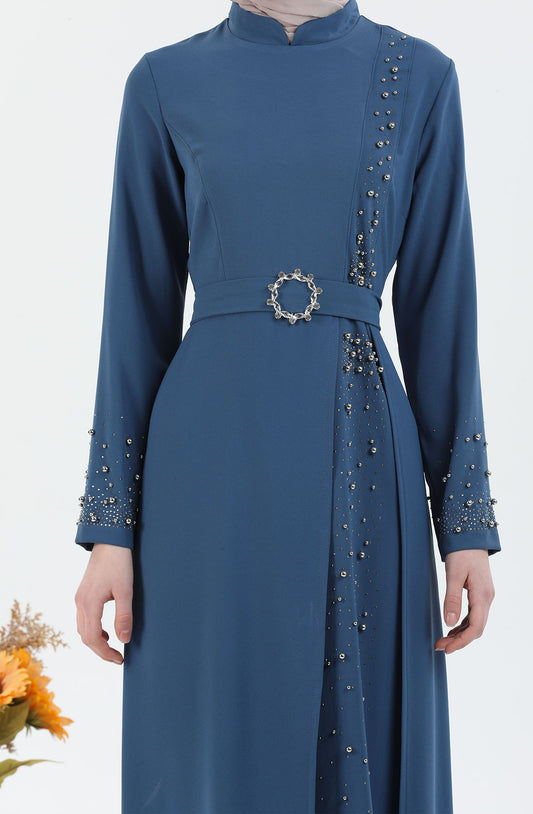 Beli Kuşaklı Tesettür Elbise İndigo | 30256