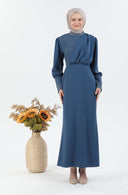 İnci Detaylı Tesettür Elbise İndigo | 30246