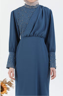 İnci Detaylı Tesettür Elbise İndigo | 30246