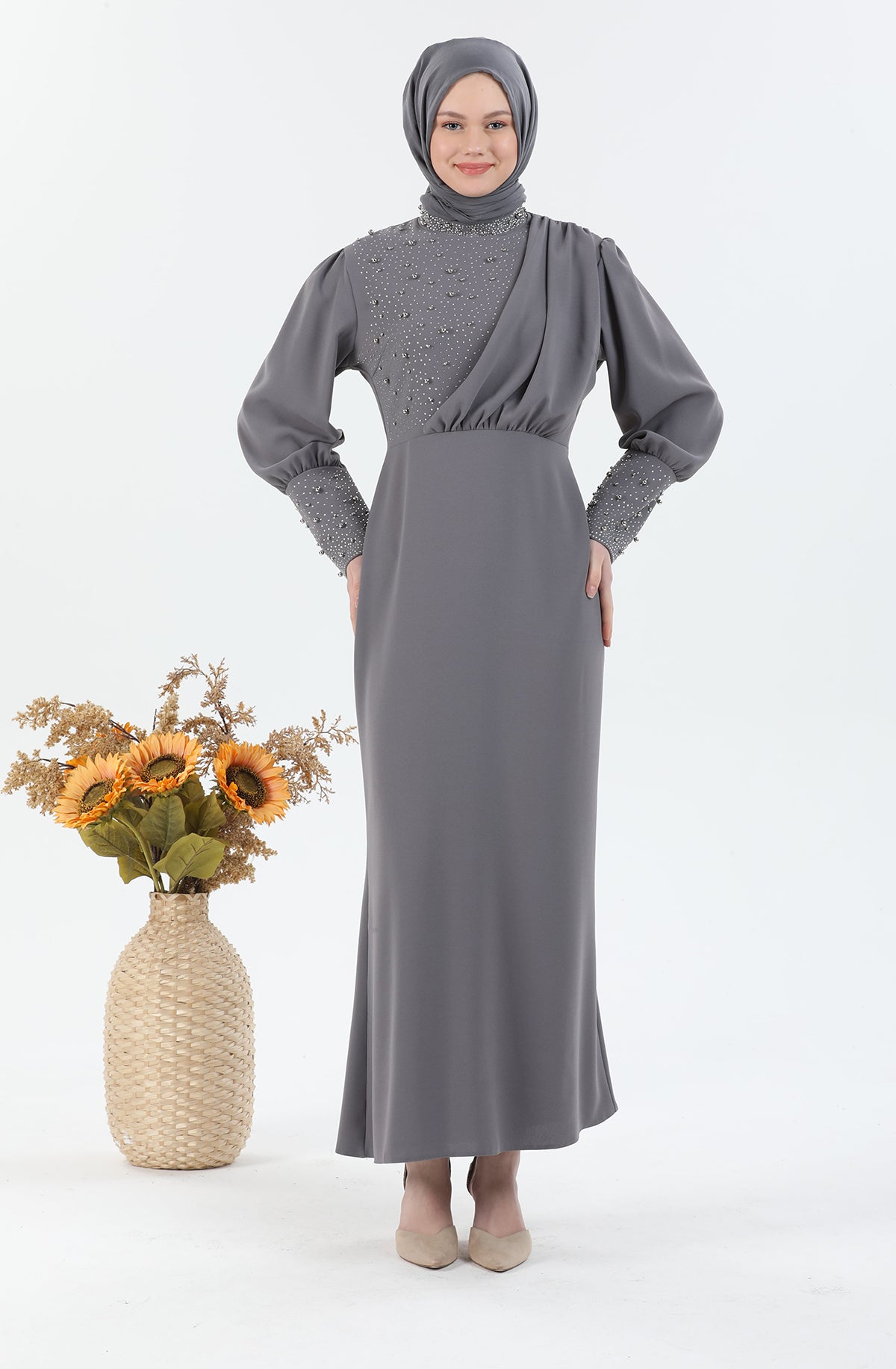 Robe Hijab Pearl Détaillée Gris | 3024-24