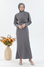 Robe Hijab Pearl Détaillée Gris | 3024-24