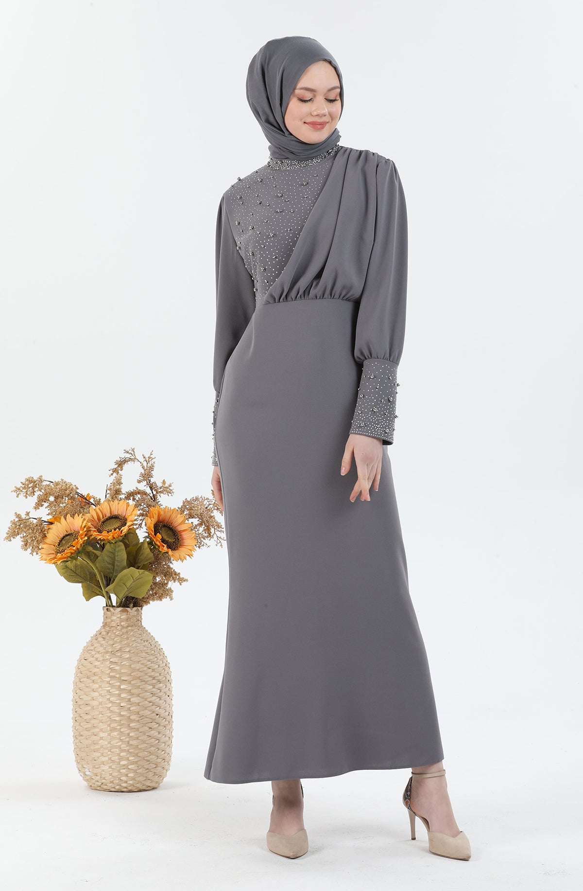 Robe Hijab Pearl Détaillée Gris | 3024-24