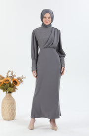 Robe Hijab Pearl Détaillée Gris | 3024-24