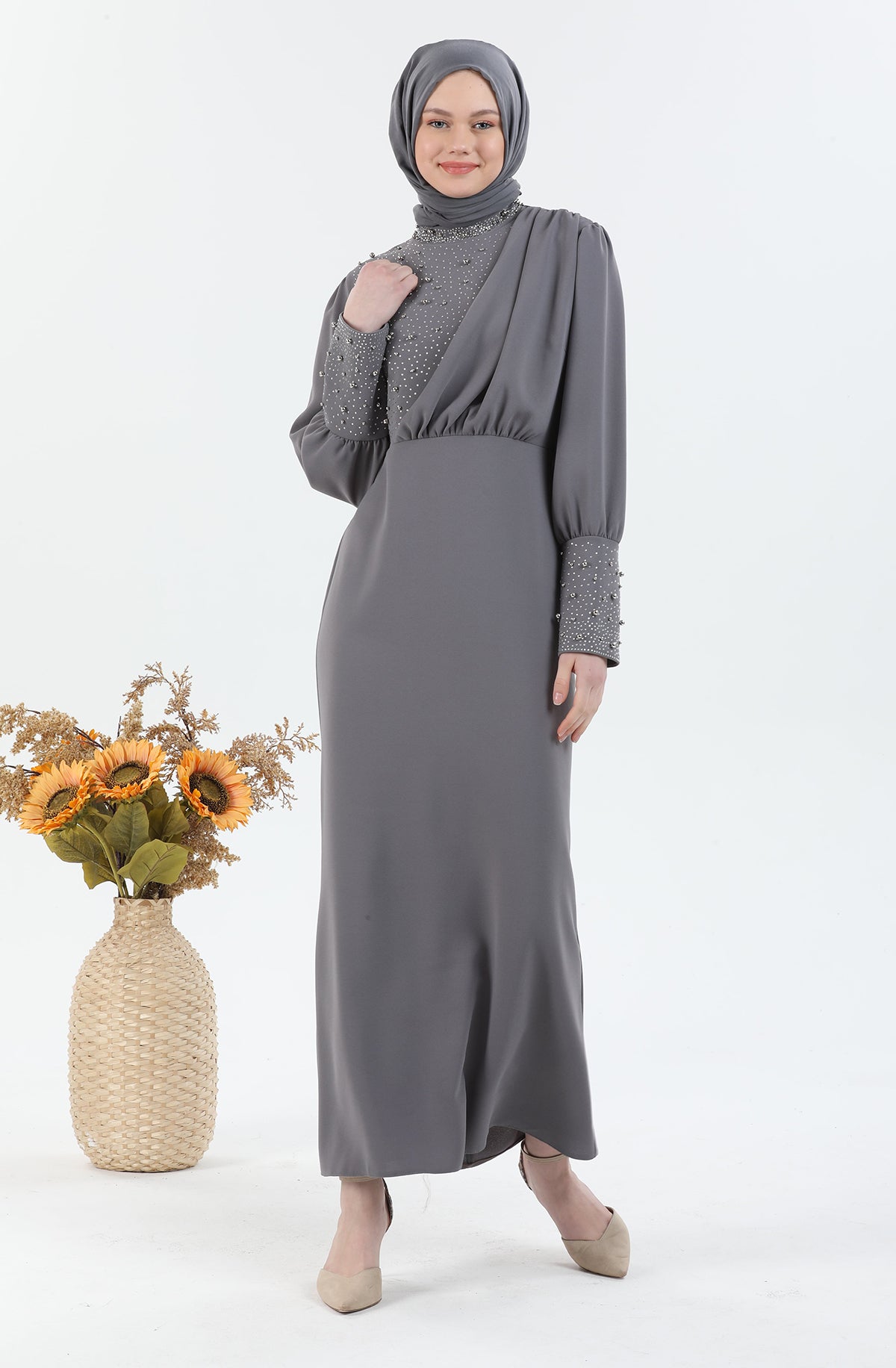 Robe Hijab Pearl Détaillée Gris | 3024-24