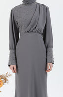 İnci Detaylı Tesettür Elbise Gri | 302424