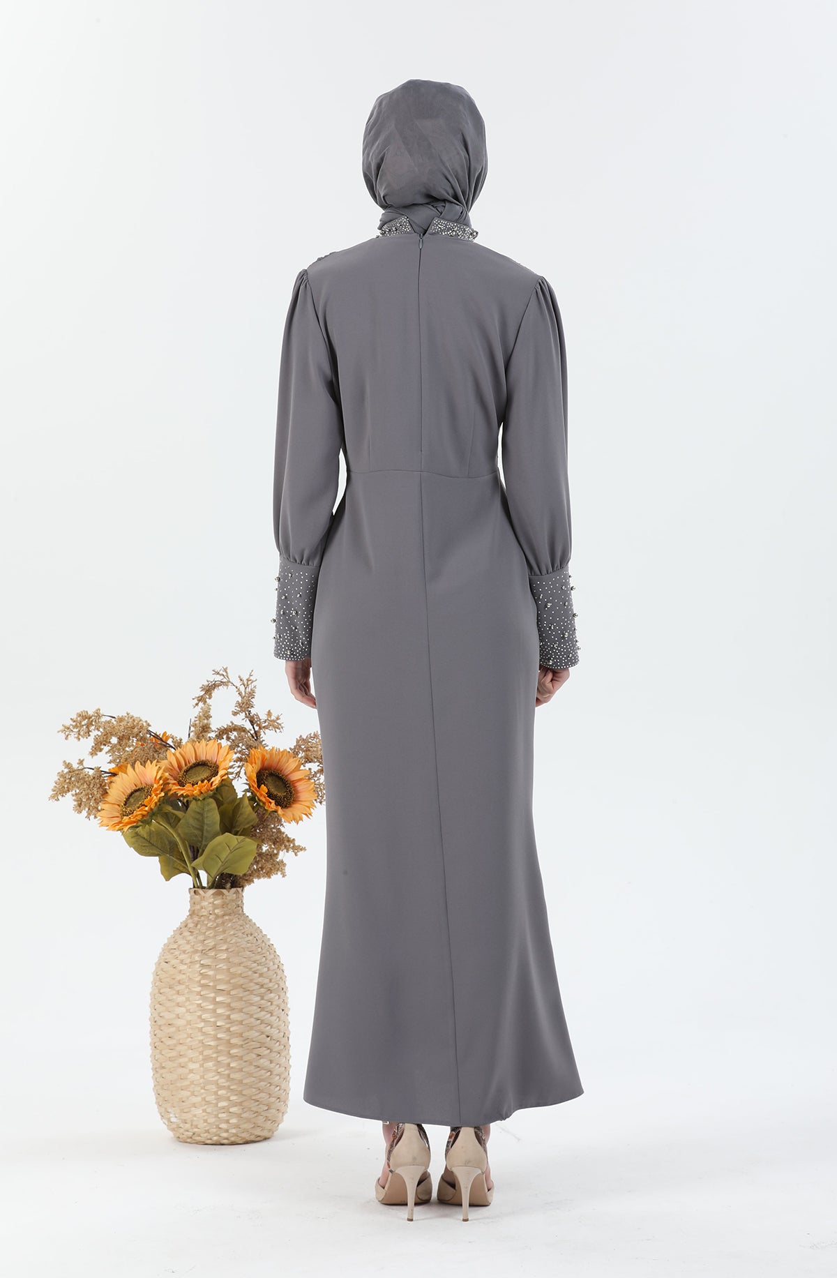 Robe Hijab Pearl Détaillée Gris | 3024-24
