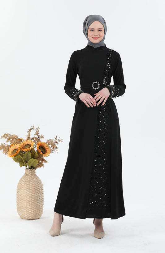 Beli Kuşaklı Tesettür Elbise Siyah | 30251