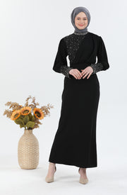 فستان حجاب مزين باللؤلؤ أسود | 3024-1