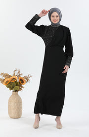 فستان حجاب مزين باللؤلؤ أسود | 3024-1