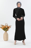 İnci Detaylı Tesettür Elbise Siyah | 30241