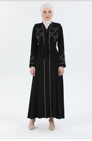 Black Abaya with Piping and Stone detail | 2067-2-1 