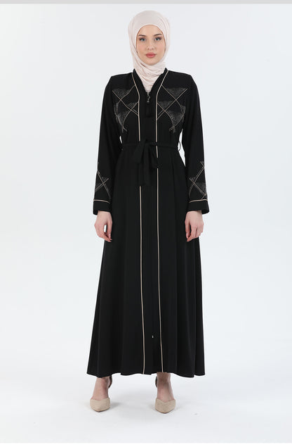 Taş ve Nakış Detaylı Biyeli Abaya Ferace Siyah | 206721