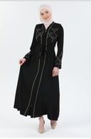 Taş ve Nakış Detaylı Biyeli Abaya Ferace Siyah | 206721