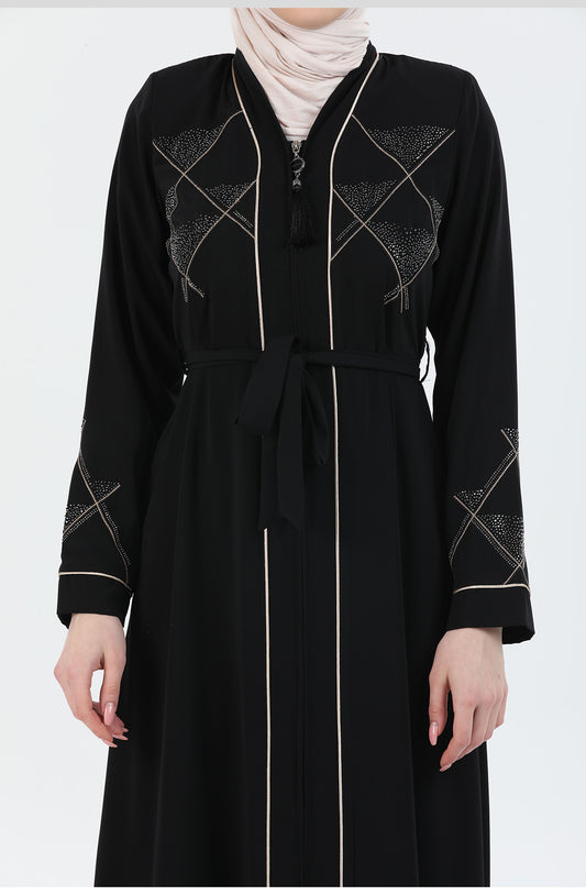 Taş ve Nakış Detaylı Biyeli Abaya Ferace Siyah | 206721