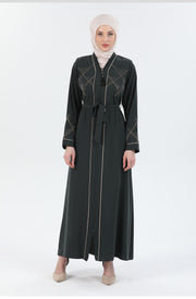 Taş ve Nakış Detaylı Biyeli Abaya Ferace Haki | 2067-2-9