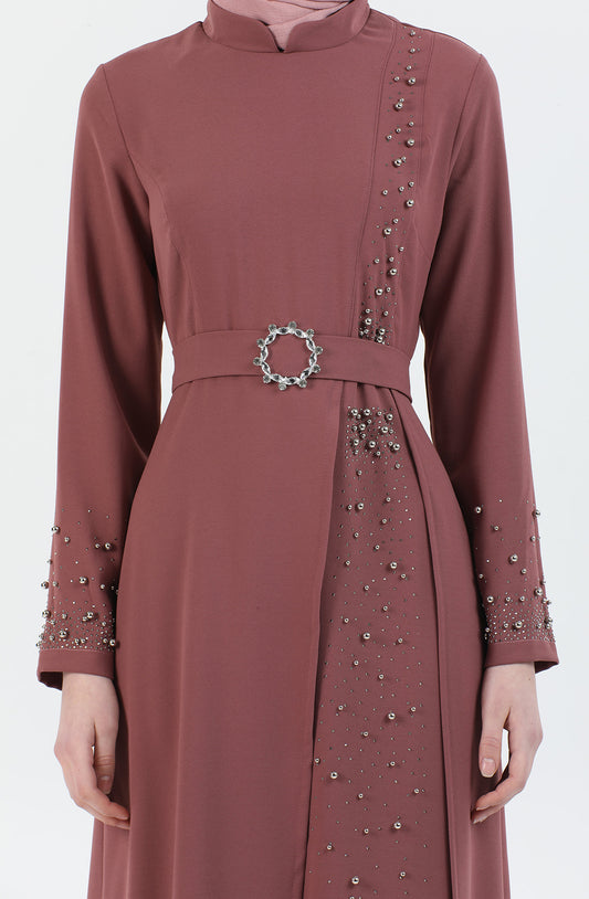 Beli Kuşaklı Tesettür Elbise Gül Kurusu | 30253