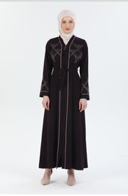 Abaya aubergine avec détail Passepoil et Pierre  | 2067-2-8