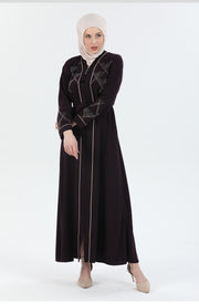 Abaya aubergine avec détail Passepoil et Pierre  | 2067-2-8