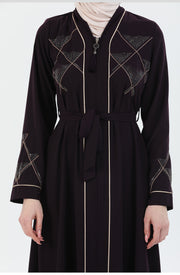 Abaya aubergine avec détail Passepoil et Pierre  | 2067-2-8