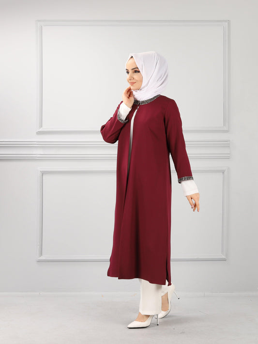 Kolları Şerit Taşlı Üçlü Takım Bordo | 11006-7 - Modalale.com