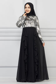 Detailed Silver  Sequin Chiffon Evening Dress | 7019
