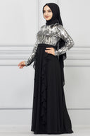 Üstü Pul Payet Altı Şifon Detaylı Abiye Gri  | 701924